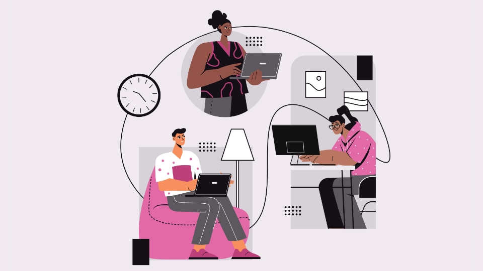 Illustration af moderne arbejdsplads med tre personer: én stående med en tablet, en anden slapper af på en bønnesæk med en bærbar computer, og en tredje ved et skrivebord med en stationær computer, omgivet af minimalistisk kontorindretning