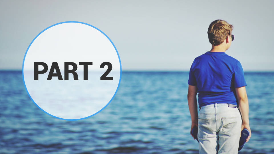 PIAAC cycle 1 in the Nordic countries – Part 2 Young boy in a blue shirt standing by the sea, looking into the distance with 'PART 2' text overlaid in a circle.