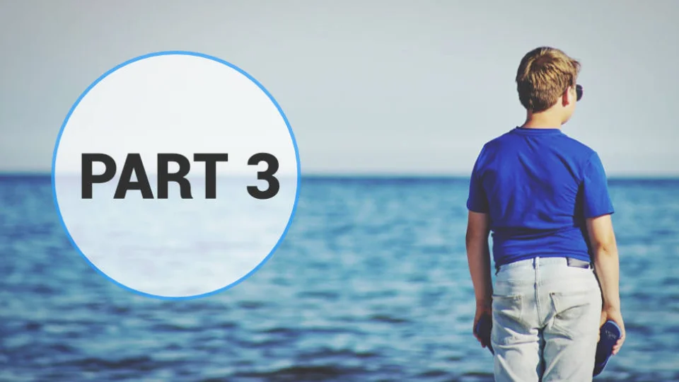 PIAAC cycle 1 in the Nordic countries – Part 3 Young boy in a blue shirt standing by the sea, looking into the distance with 'PART 3' text overlaid in a circle.