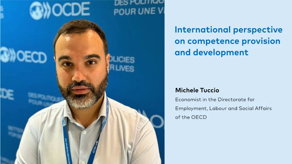 Workplace learning: Need for new competences? keynote Michele Tuccio A headshot of a man with a beard and short-cropped hair, wearing a light blue shirt with a conference ID lanyard. The background shows a banner with 'OCDE'. Text to the right states 'International perspective on competence provision and development' and beneath, 'Michele Tuccio, Economist in the Directorate for Employment, Labour and Social Affairs of the OECD'.