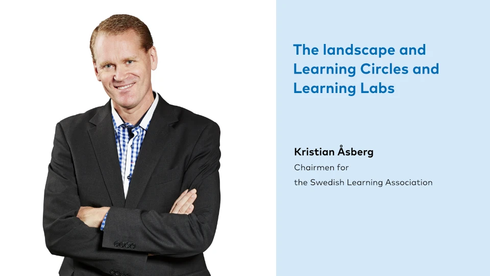Workplace learning: Need for new competences? keynote Kristian Åsberg A professional headshot of a smiling man with short blond hair, wearing a dark suit and a blue checked shirt, stands with arms crossed. To the right, a blue-colored text reads 'The landscape and Learning Circles and Learning Labs' and below it 'Kristian Åsberg, Chairmen for the Swedish Learning Association'.