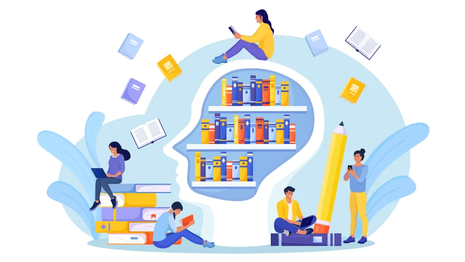 Vill ni jobba mer effektivt? Utveckla varandra. Färgglad illustration av mångsidiga unga vuxna som sysslar med olika läs- och studieaktiviteter, omgivna av överdimensionerade böcker och digitala enheter i en fantasifull biblioteksmiljö