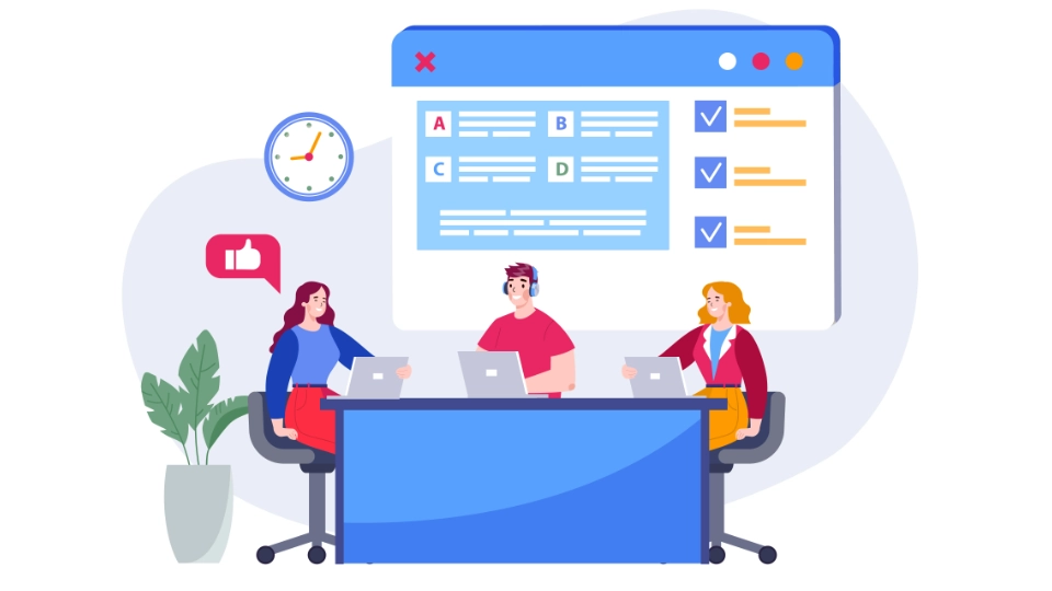 Results from PIAAC cycle 2 to be expected in December 2024 Three people work at laptops with a large screen in the background showing tasks and options.