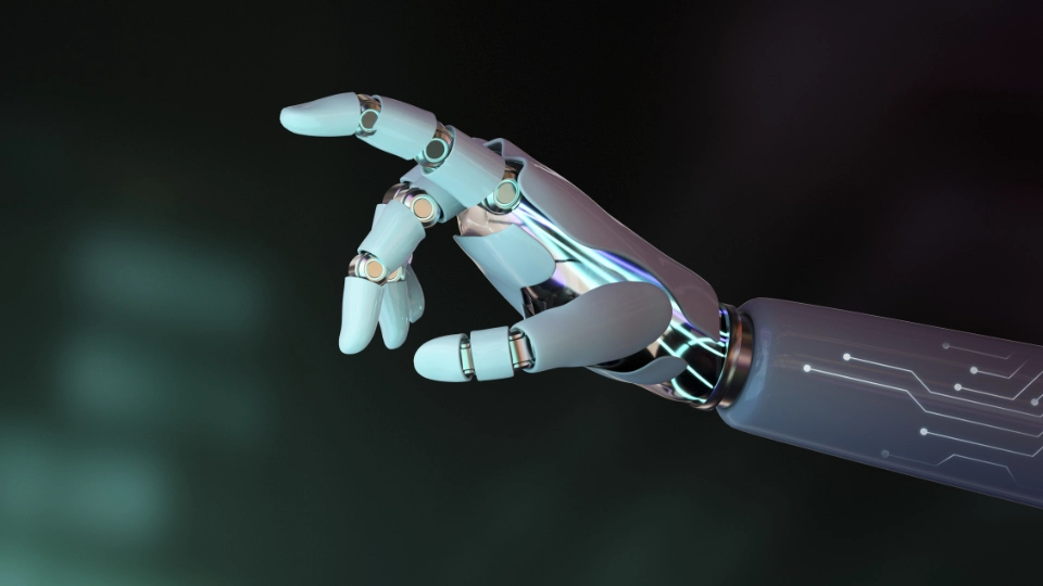 AI i arbeidslivet Futuristisk robotarm med avancerede leddelte fingre, der rækker frem, omgivet af en mørk baggrund.