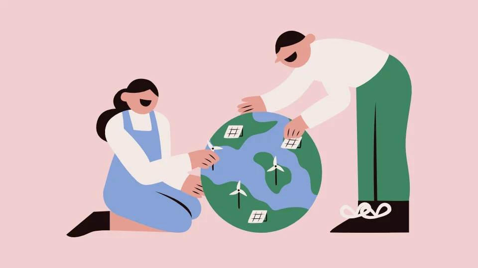 Flere danske højskoler har fået store bevillinger til bæredygtige projekter Illustration af to personer der placerer vindmøller og solpaneler på en jordklode, symboliserer bæredygtig energi og miljøbevidsthed.