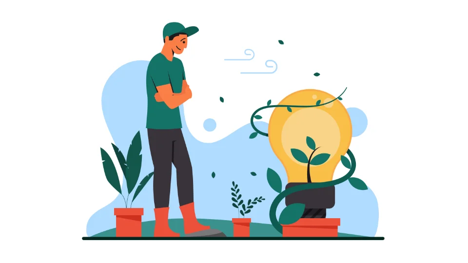 Stor bevilling til dansk, grøn tænketank Illustration af mand der betragter en stor lyspære omviklet af planter, symboliserer bæredygtige idéer og grøn innovation.