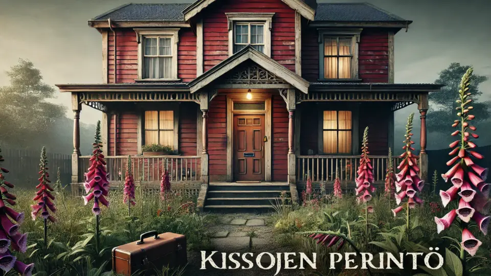 Kissojen perintö Ett gammalt rött trähus med veranda, omgiven av fingerborgsblommor och en resväska på en stig, med texten "Kissojen Perintö" i förgrunden.