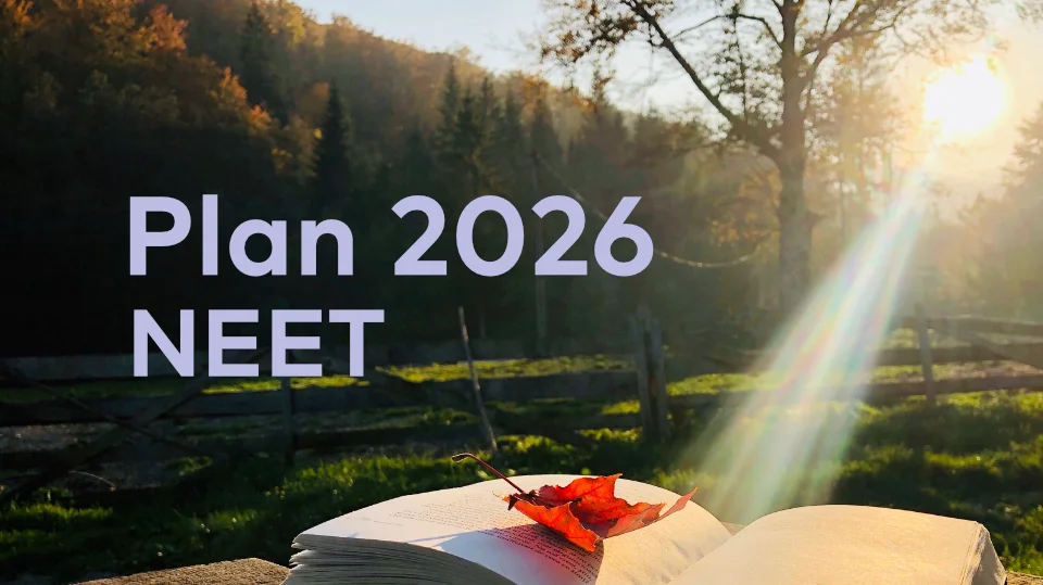 NEET nettverk tema under 2026 Bok med höstlöv i solljus framför ett lantligt landskap med texten "Plan 2026 – NEET"; NEET nettverk tema under 2026.