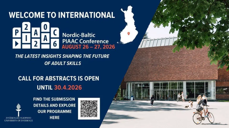 Nordic-Baltic PIAAC Conference 2026 Promotional banner for the Nordic-Baltic PIAAC Conference 2026 with event details, conference dates, abstract submission deadline, QR code, and a modern building exterior in the background.