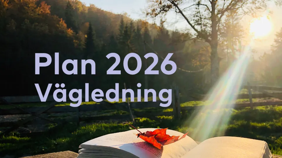 Vägledning nettverk tema under 2026 Bok med höstlöv i solljus framför ett lantligt landskap med texten "Plan 2026 – Vägledning"; Vägledning nettverk tema under 2026.