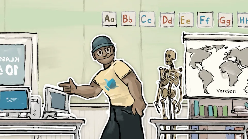 Illustration af en person i et klasseværelse ved computere, med alfabetkort på væggen, et skelet og et verdenskort i baggrunden.