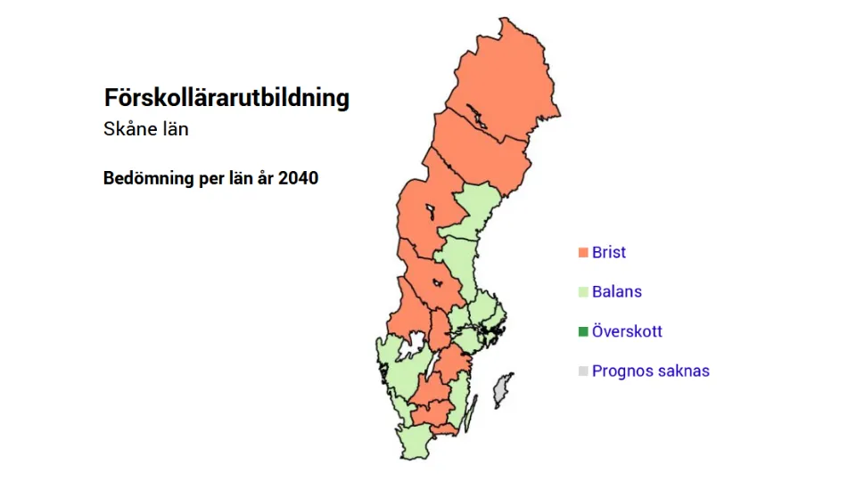 Förskollärarutbildning Karta över Sverige där ett 10-tal län är bedömda som att de är i balans år 2040 för förskollärarutbildade, däribland Skåne och flera län längs kusterna. Inget län har överskott på personer med den utbildningen.