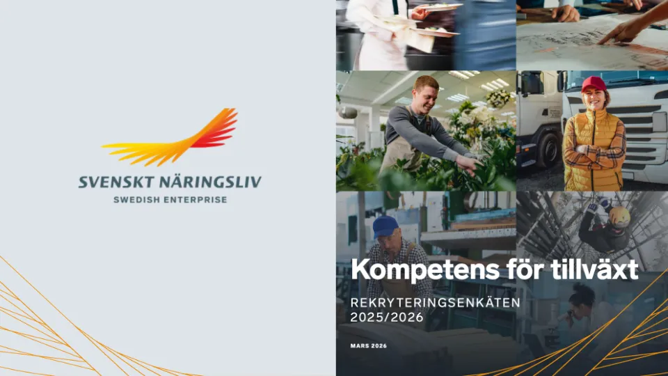 Rekryteringsenkäten 2025/2026 Omslag med Svenskt Näringslivs logotyp, collage av arbetsmiljöer och texten ”Kompetens för tillväxt – Rekryteringsenkäten 2025/2026”