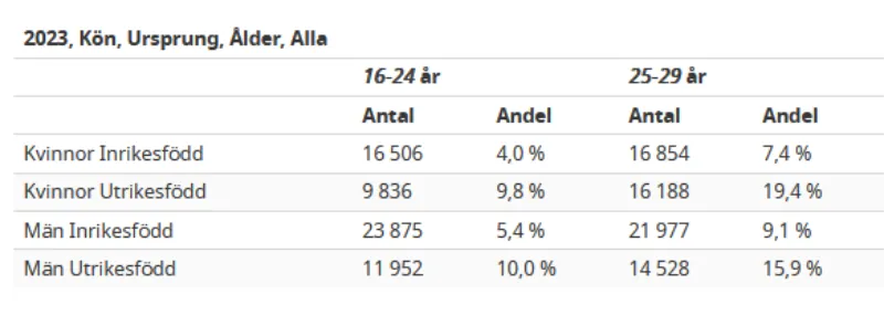 Tabell från 2023 som visar antal och andel efter kön, ursprung och ålder för grupperna 16–24 år och 25–29 år.
